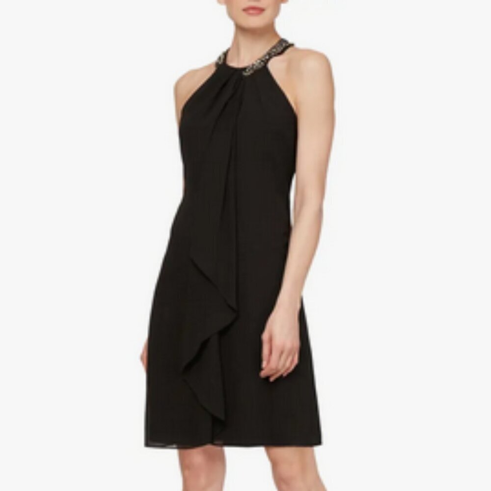 SLNY Bead Braided Halter Chiffon Dress In Black. Sz: 14